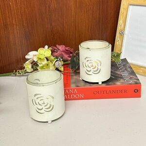 Vintage distressed white Metal candle holder with rose-shaped cutout